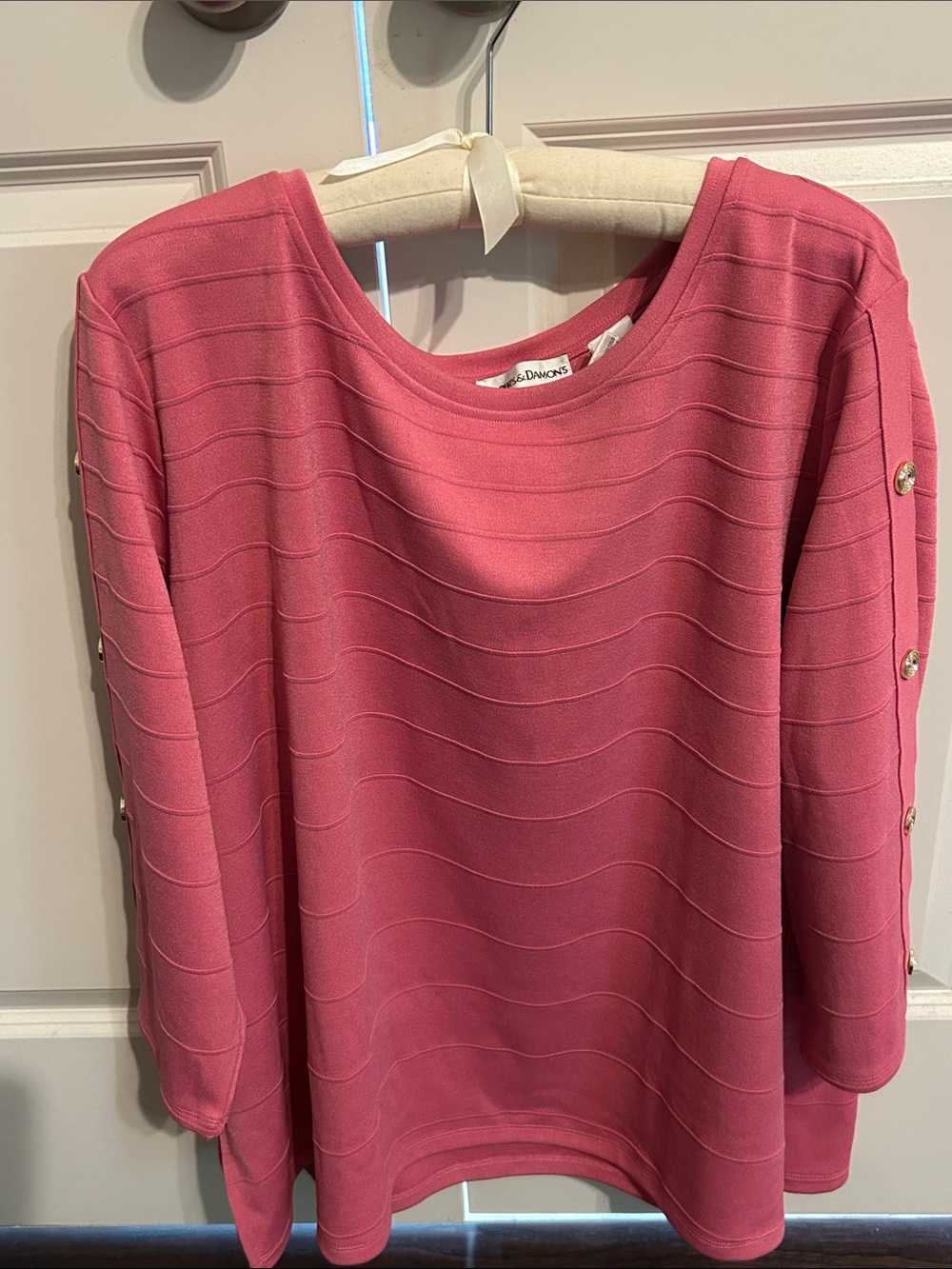 Dana Buchman Rose Pink Wave-Textured Knit Top with Sleeve Buttons